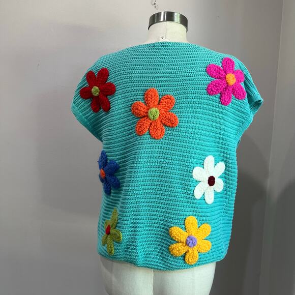 BiBi Blue Teal Floral Crochet Knit Short Sleeve Sweater Top Sz M - Picture 5 of 8